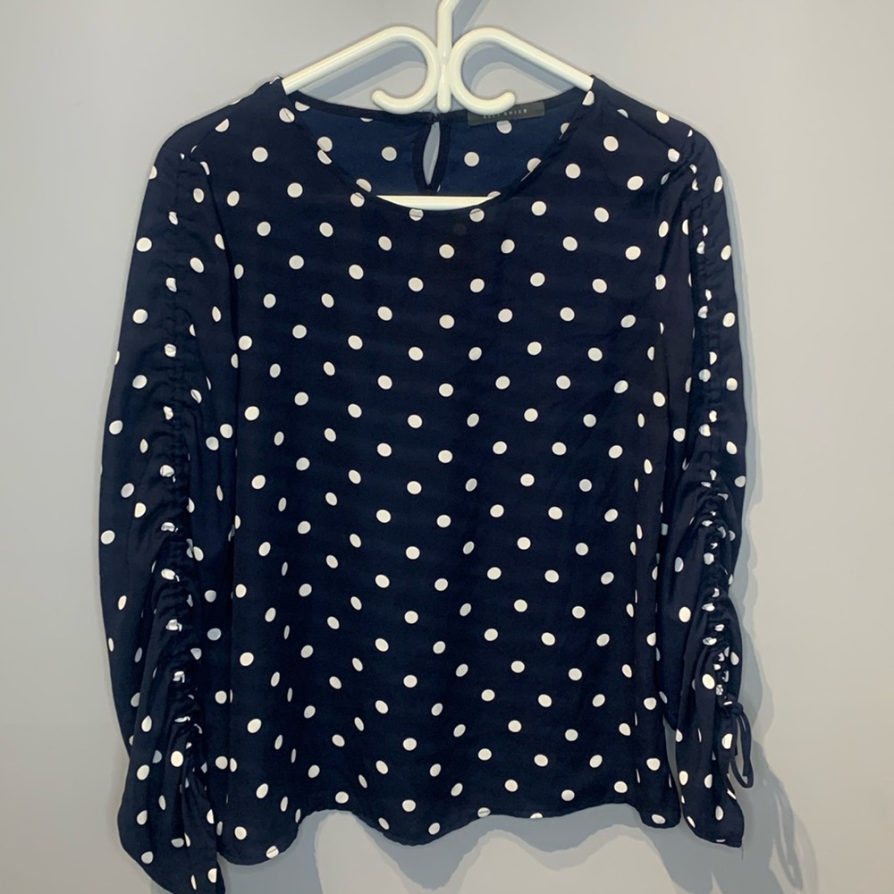 Suzy Shier Polka Dot Navy and White Top
